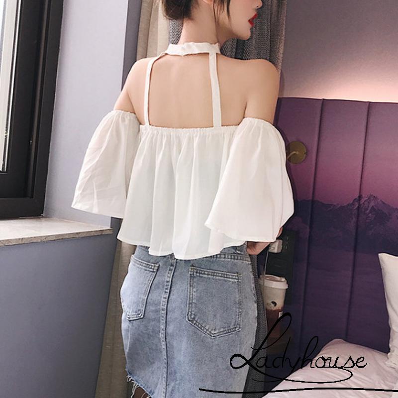 Áo Kiểu Trễ Vai Tay Ngắn Màu Trơn Thời Trang Dự Tiệc Cho Nữ