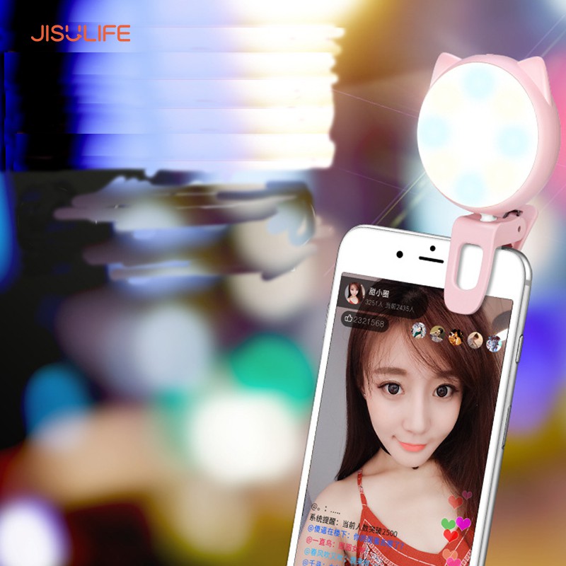 Đèn LED Selfie trợ sáng kẹp điện thoại hình con mèo Jisulife BL02_3 cấp độ tạo hiệu ứng ánh sáng_BH 12 tháng chính hãng