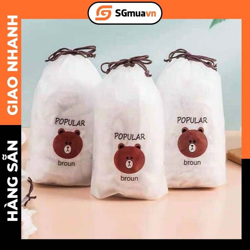 Set 100 túi bọc thực phẩm túi trùm đầu hình gấu nâu