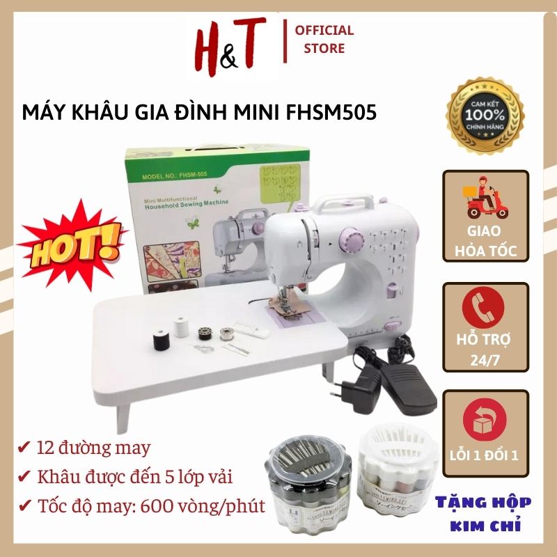 🧶TẶNG HỘP KIM CHỈ KHÂU 🧶 Máy may - khâu đa năng mini gia đình có vắt số FHSM505 chất lượng cao, bảo hành 12 tháng