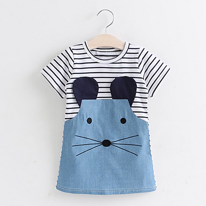 Đầm sọc phối vải denim thêu hình mèo con xinh xắn cho bé