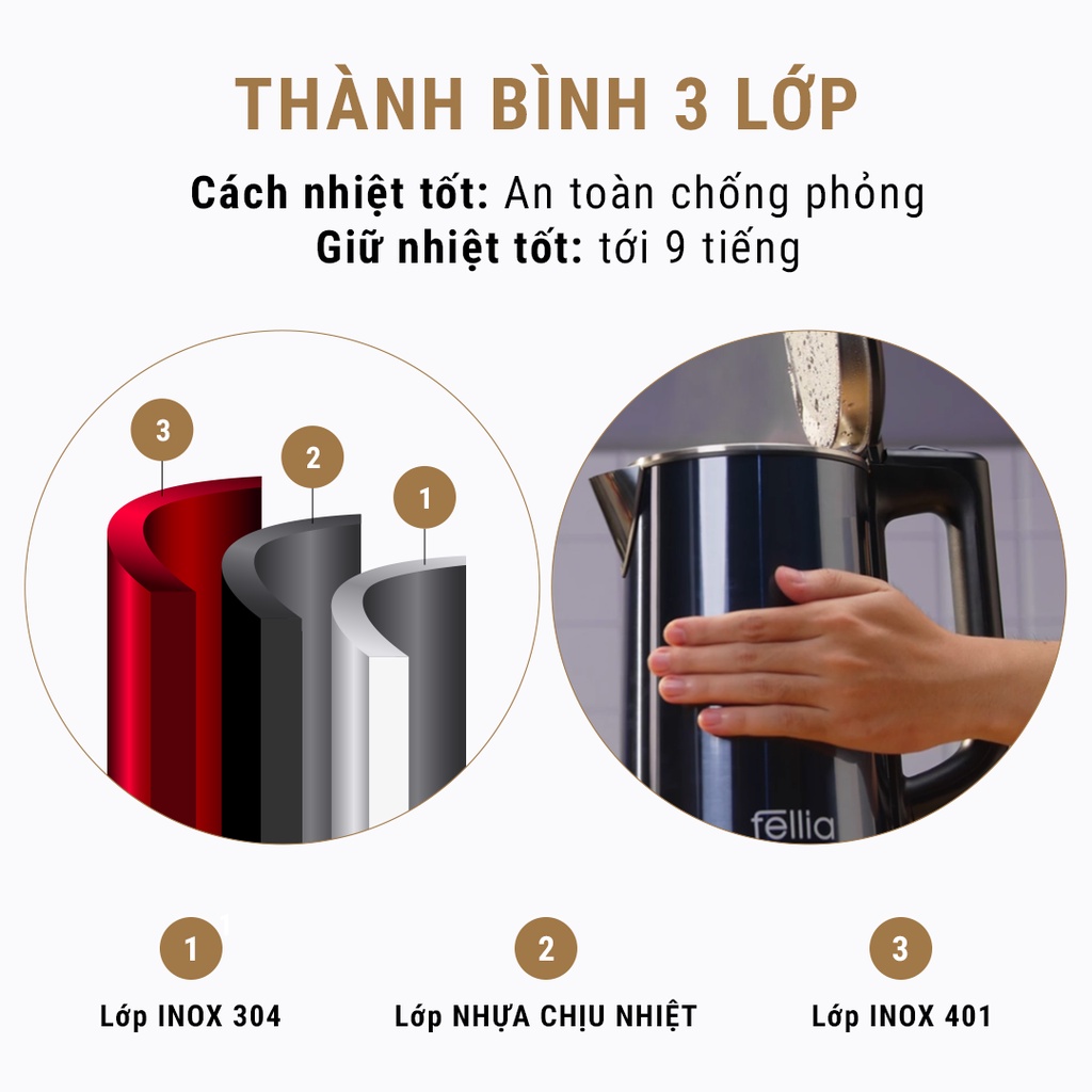 [LIFEMALL993 giảm 10% đơn 99K] Ấm đun siêu tốc Fellia K161 Bảo hành 18 tháng Mua 1 đổi 1 30 ngày về động cơ máy