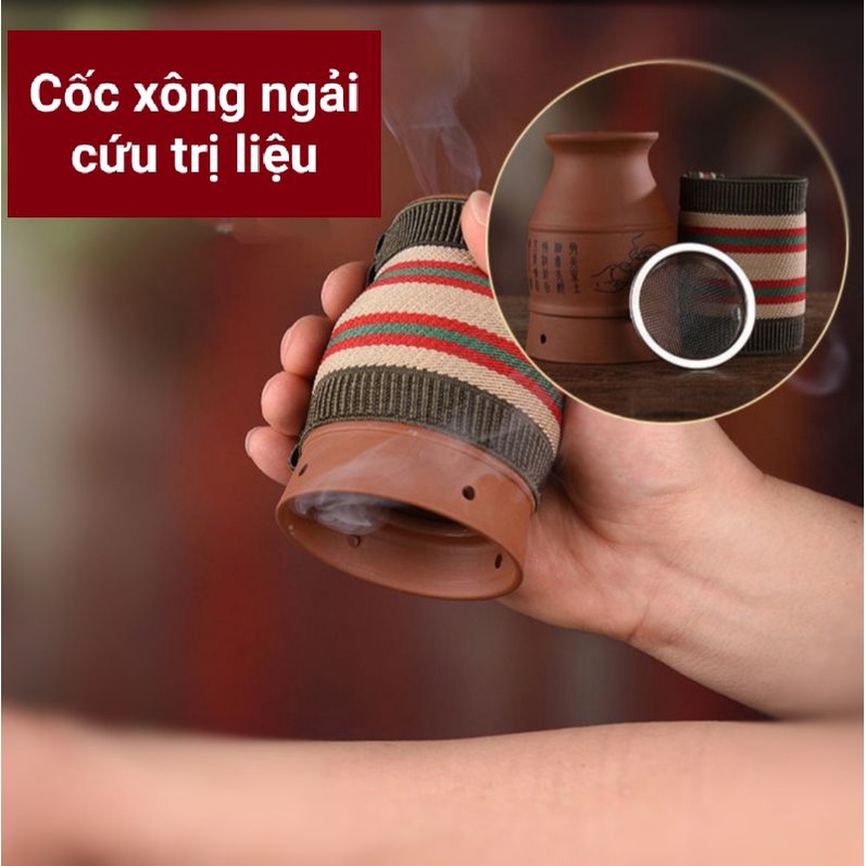 Cốc xông ngải cứu trị liệu gốm cát tím cao cấp, hộp ngải đoạn 108 viên