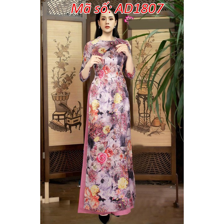 ⚡️ có big size 5XL ⚡️ AD1807 Set áo dài truyền thống gấm in 3D họa tiết hoa hồng cổ tròn đính hạt kèm quần ống rộng