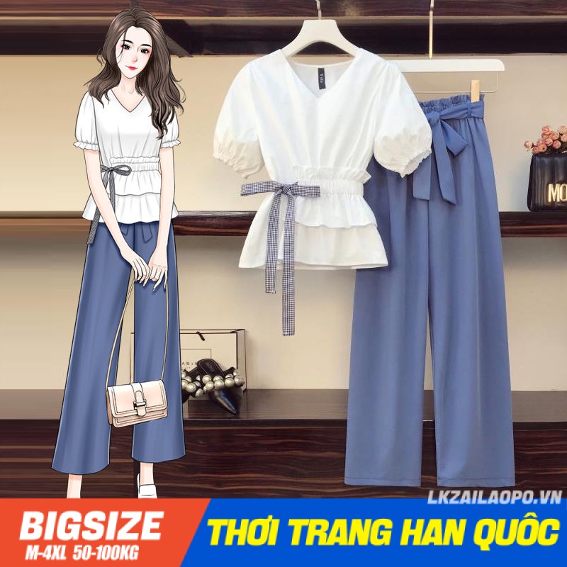 Set bộ đồ nữ ⚡️𝐁𝐈𝐆𝐒𝐈𝐙𝐄⚡️ Áo sơ mi dáng ôm Áo tay ngắn cổ chữ v kết hợp quần ống rộng lưng cao cạp cao mùa hè Phong cách Hàn Quốc Thời Trang Quần áo nữ đi Chơi sang chảnh cá tính cho người mập béo nữ