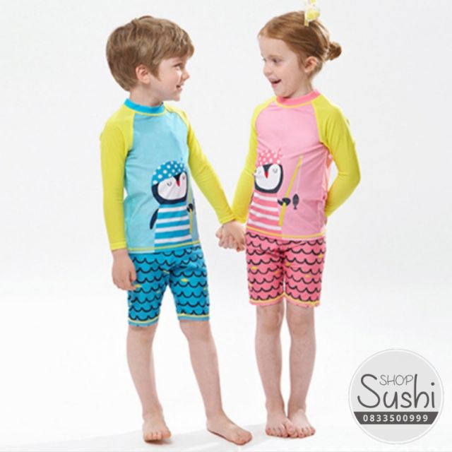 (FreeShip) Bộ quần áo bơi trẻ em dài tay hình chim cánh cụt, Áo bơi cho bé