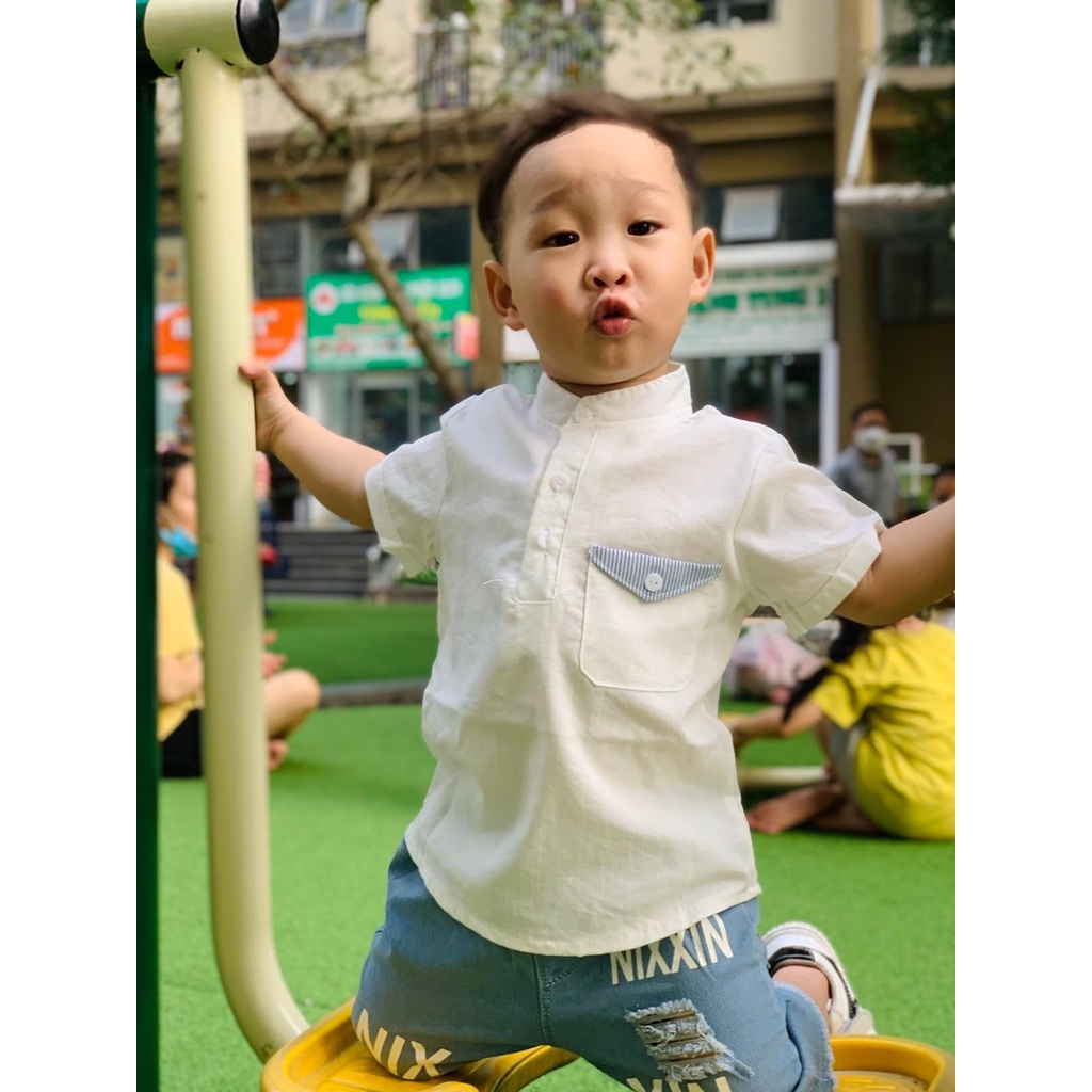 Set sơ mi đũi quần jean cho bé trai phong cách Hàn Quốc chất co giãn mềm cỡ 9-23kg hàng chuẩn size Hongvybaby