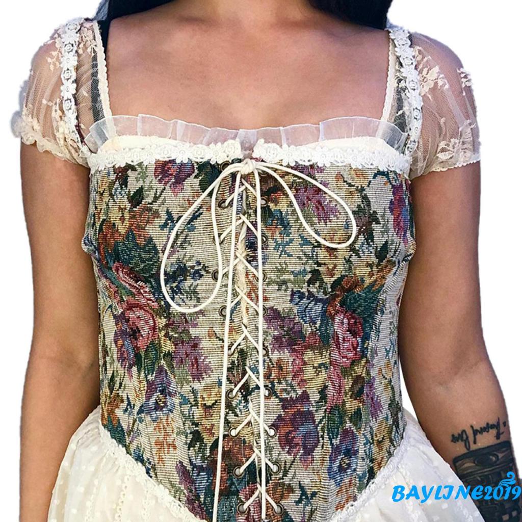 BAY-Women’s Vintage Jacquard Bandage Camisole Sexy Boat Neck Flounce Irregular Suspender Corset
