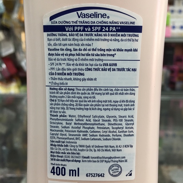 Sữa dưỡng thể Vaseline Chống nắng toàn thân SPF24 PA++ chai 400ml