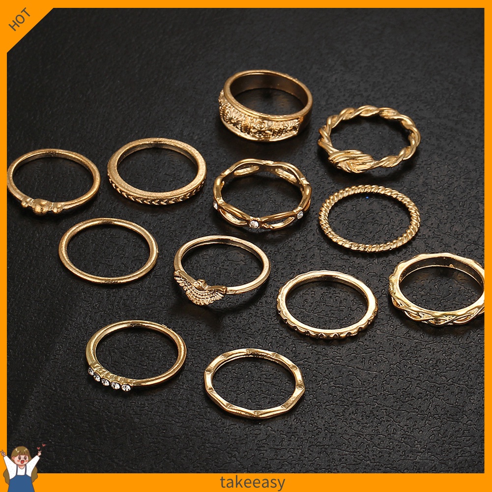 [Hàng Có Sẵn] Set 12 Nhẫn Đeo Khớp Ngón Tay Khắc Họa Tiết Đính Kim Cương Giả Cổ Điển