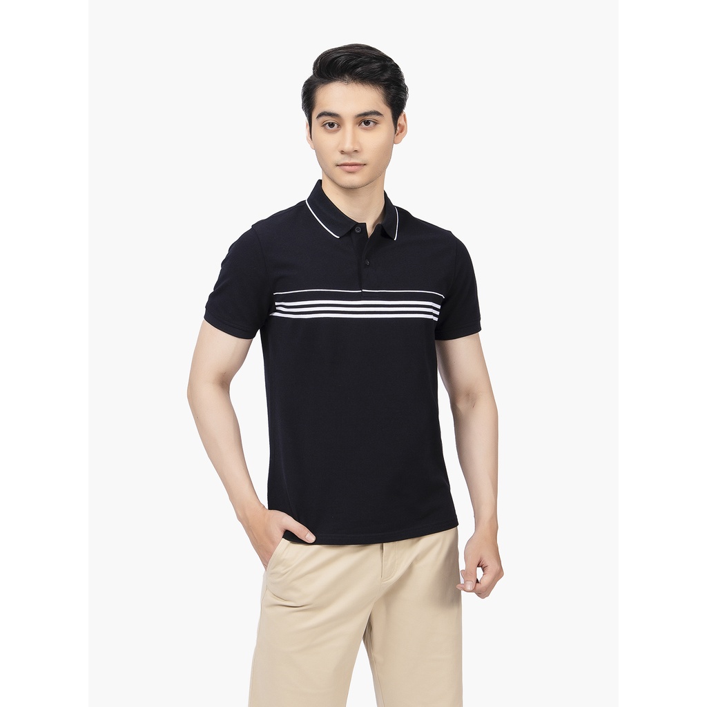 Áo thun polo nam Aristino APS007S2 phông ngắn tay có cổ bẻ dáng suông màu đen kẻ trắng vải cotton cao cấp mềm mại