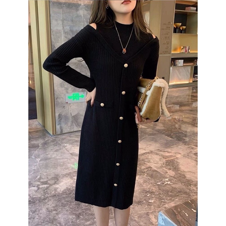 Váy đầm len suông khoét vai phối cúc hàn quốc dành cho mẹ bầu sau sinh chất len dày dặn dáng suông ấm áp mùa đông bà bầu