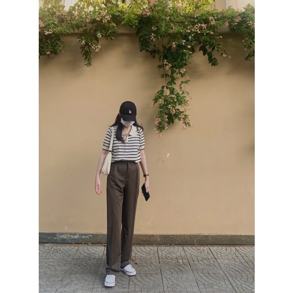 Set quần áo basic quần tây nâu cà phê và áo polo kẻ ngang ngắn tay | BigBuy360 - bigbuy360.vn