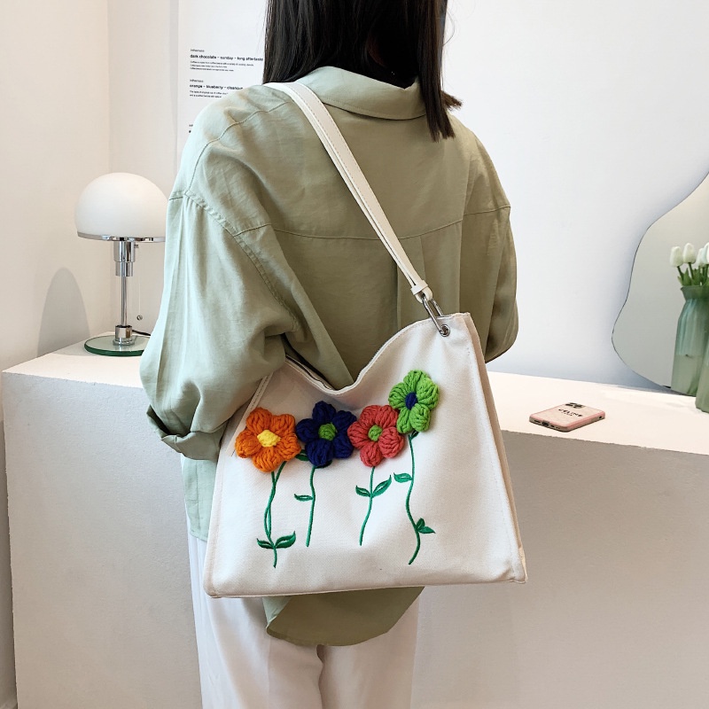 Túi vải canvas đeo vai IELGY thêu họa tiết sức chứa lớn cho nữ