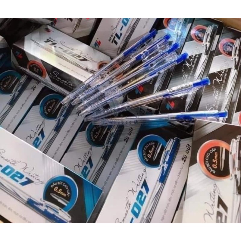 Hộp 20 bút bi TL 027 mực xanh ⚡ CHUẨN CHÍNH HÃNG ⚡ Cây viết đầu bi nét êm mảnh, mực ra đều, chất lượng cao