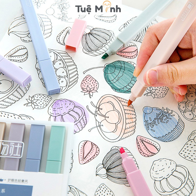 Bộ 6 bút highlight ghi chú thân vuông màu Pastel VPP Tuệ Minh, bút đánh dấu HI05 màu đẹp