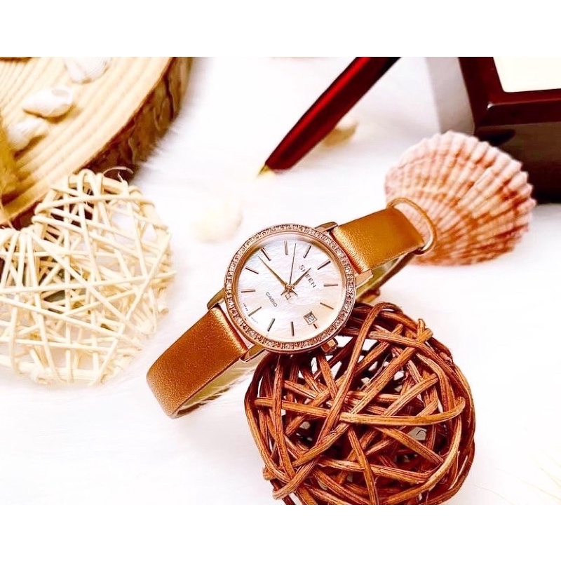 ĐỒNG HỒ CASIO SHEEN NỮ CHÍNH HÃNG MẶT KHẢM TRAI DÂY NÂU