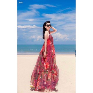Đầm maxi lệch vai hoạ tiết