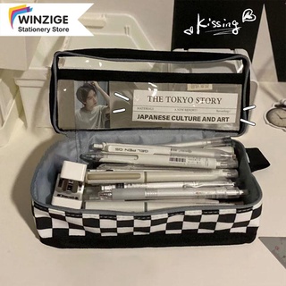 Winzige hộp bút caro trắng đen túi bút caro vải hộp bút trong suốt to đồ dùng học tập dễ thương