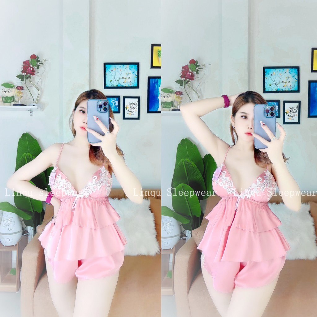 Đồ ngủ sexy 2 dây gợi cảm, Đồ ngủ nữ chất satin mềm mát phối ren hoa may hai tầng siêu dễ thương Freesize - Linqustore