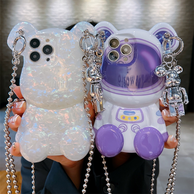 Ốp Điện Thoại In Hình Gấu 3D Kèm Dây Xích Đeo Chéo Cho iPhone 11 12 13 Pro max 14 Plus 13 Pro