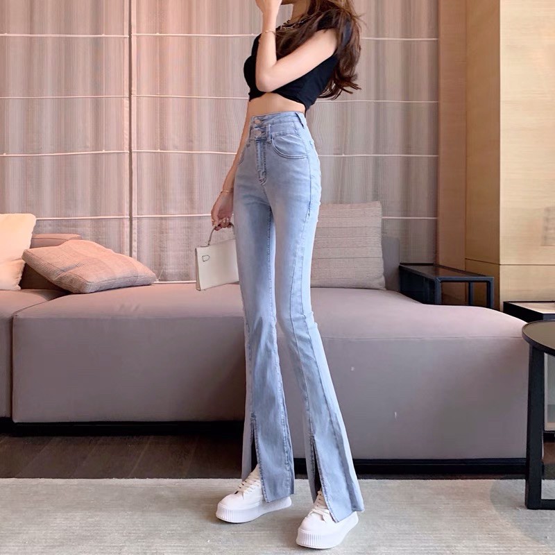 Quần bò jeans ống loe ulzzang xẻ gấu lưng cao