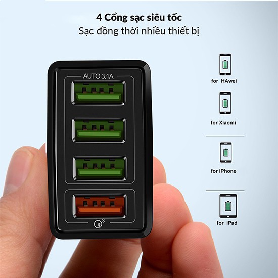 [𝑺𝒊𝒆̂𝒖 𝒏𝒉𝒂𝒏𝒉] Củ sạc điện thoại siêu nhanh hỗ trợ Quick Charge QC3.0 - 4 Cổng USB l Củ sạc hỗ trợ đèn led
