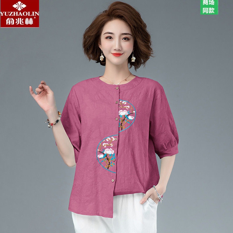 Áo sơ mi cotton lanh tay ngắn dáng rộng thêu họa tiết thời trang cho nữ trung niên và lớn tuổi