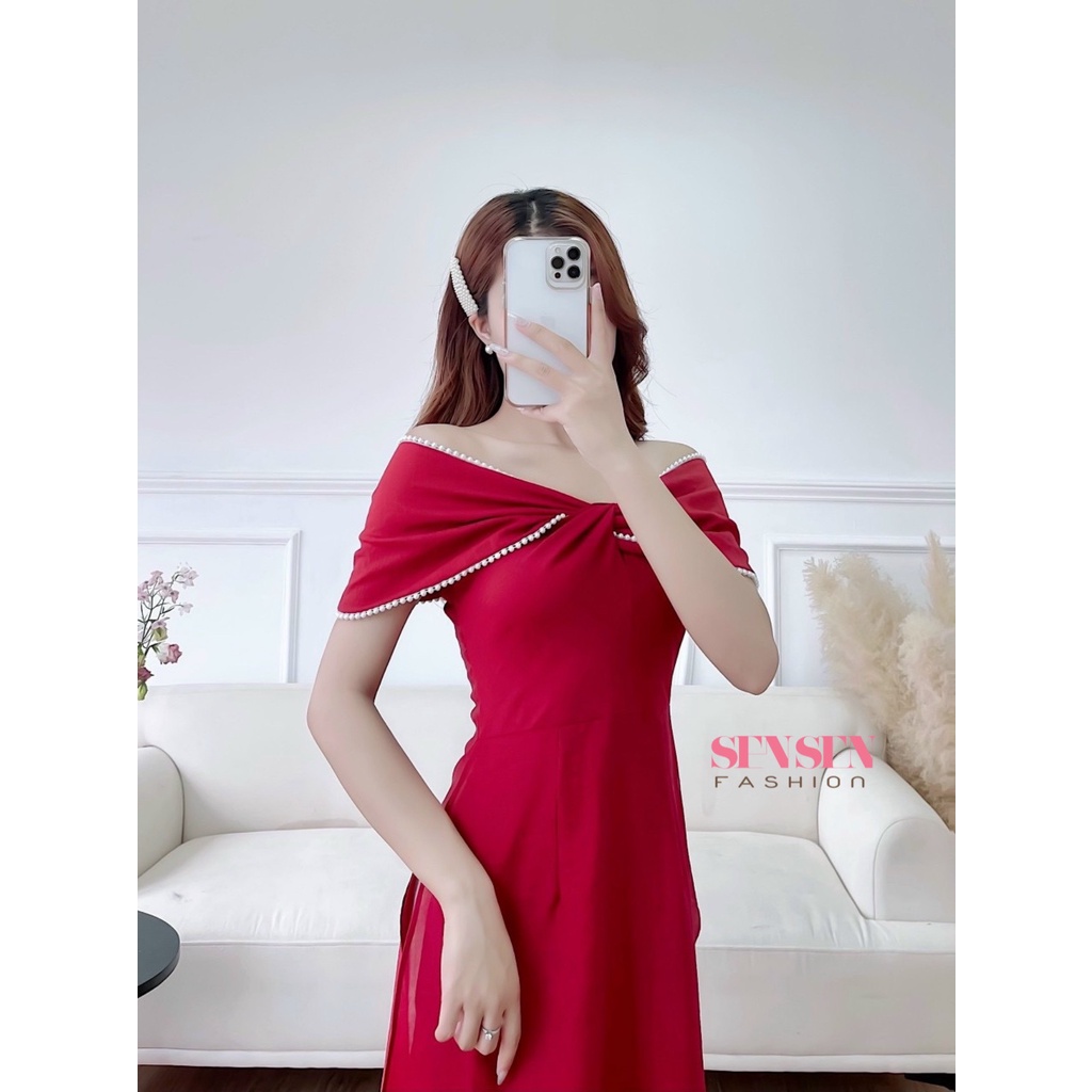 Áo Dài Đỏ Trể Vai Áo Dài Chuẩn Phom Cam kết Chất Lượng