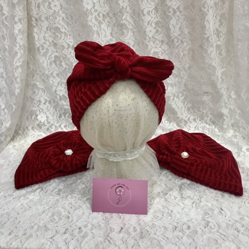 Mũ tuban nhung đỏ cho bé gái, set 3 mũ tuban nhung đỏ, mũ nơ đỏ đội tết cho bé gái