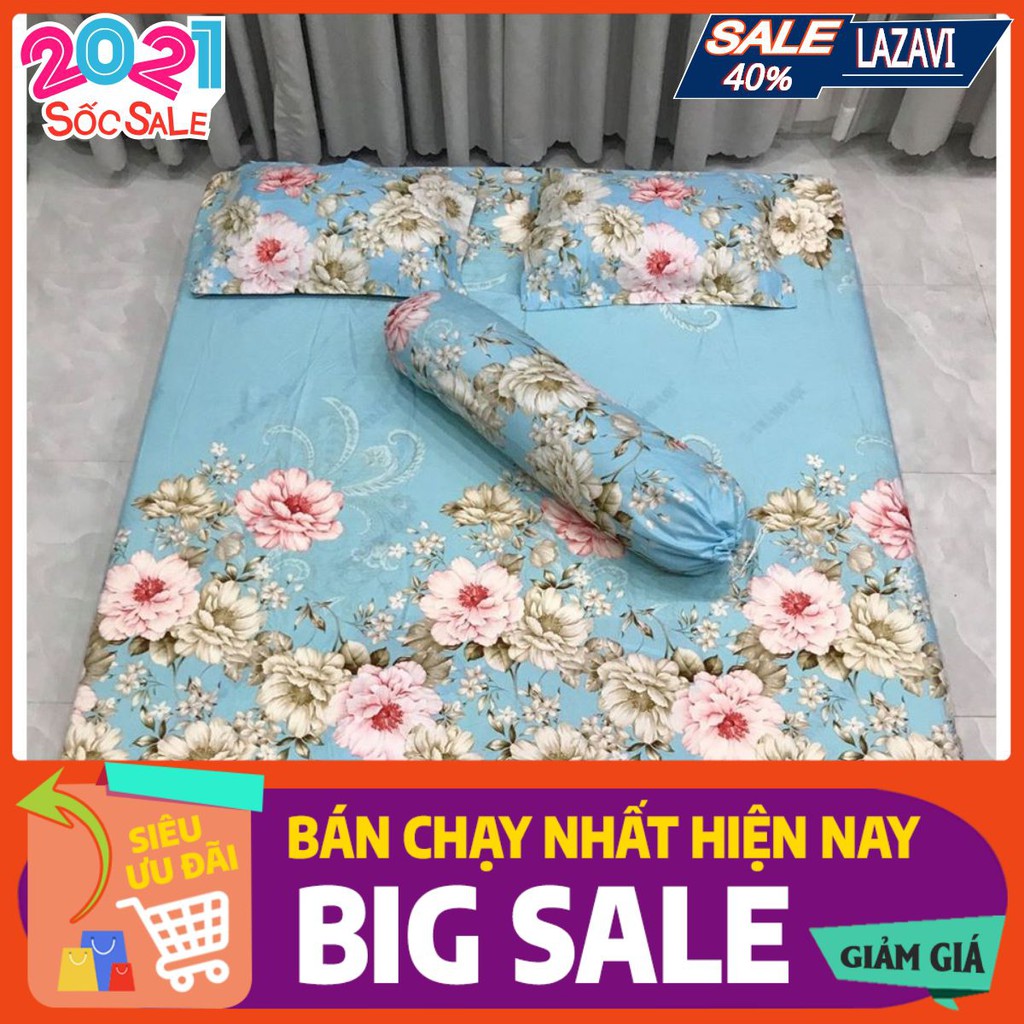 Bộ ga gối kèm vỏ gối ôm poly,gồm 1ga 2 vỏ gối nằm 1 vỏ gối ôm-hoa trà xanh