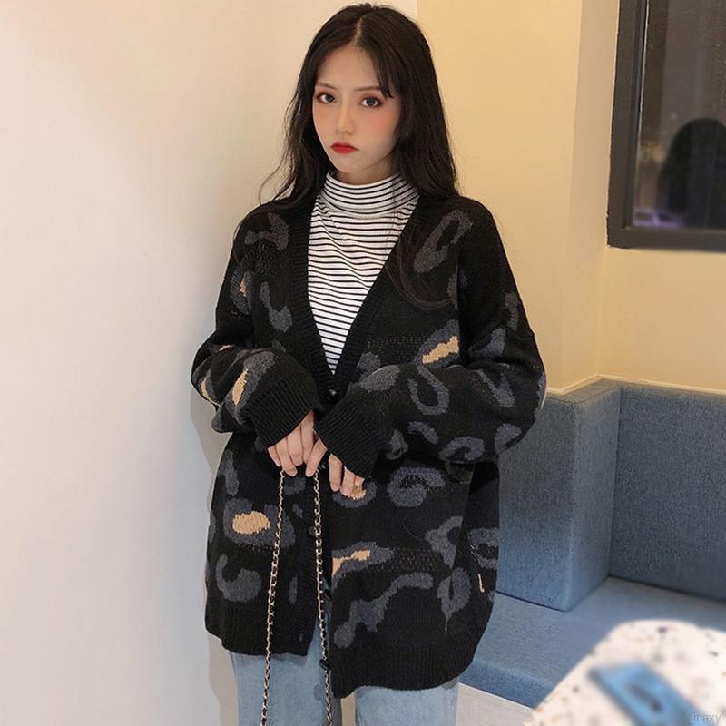 Áo Khoác Cardigan Dệt Kim Tay Dài Cổ Chữ V Hoạ Tiết Da Báo Phong Cách Hàn Quốc