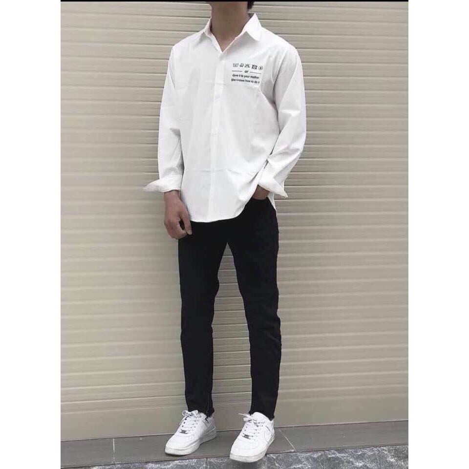 Áo Sơ Mi Unisex In Ký Tự Còn 1 Sản Phẩm MÀu Đen Duy Nhất