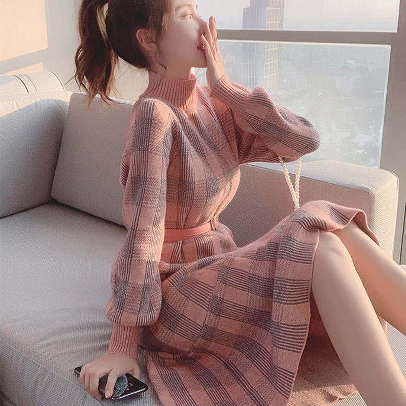 Đầm len cổ lọ dáng dài thiết kế nhún bèo thời trang thu đông hàng mới dành cho nữ