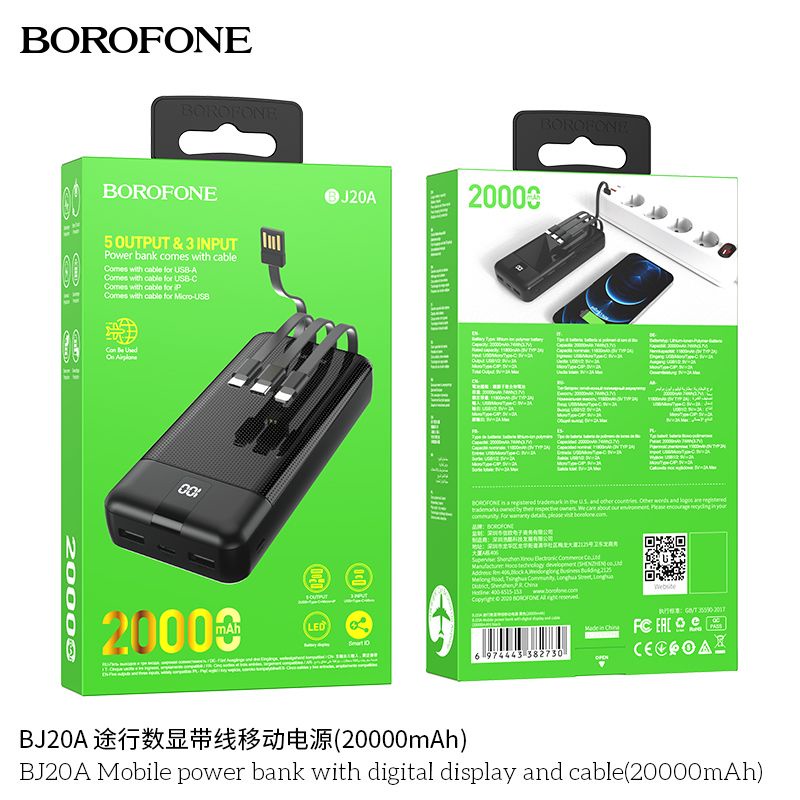 Sạc Dự Phòng Borofone BJ20A 20.000mAh - Tích Hợp Cáp Sạc Và Có Đèn Led Hiển Thị Phần Trăm Pin (BH 1 năm,Chính Hãng)