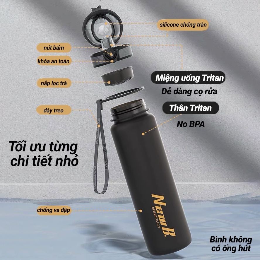 Bình nước thể thao, bình nước Tritan 1000 ML có nắp lọc trà có quai cầm chắc chắn tập gym, đi học cao cấp FITEZY