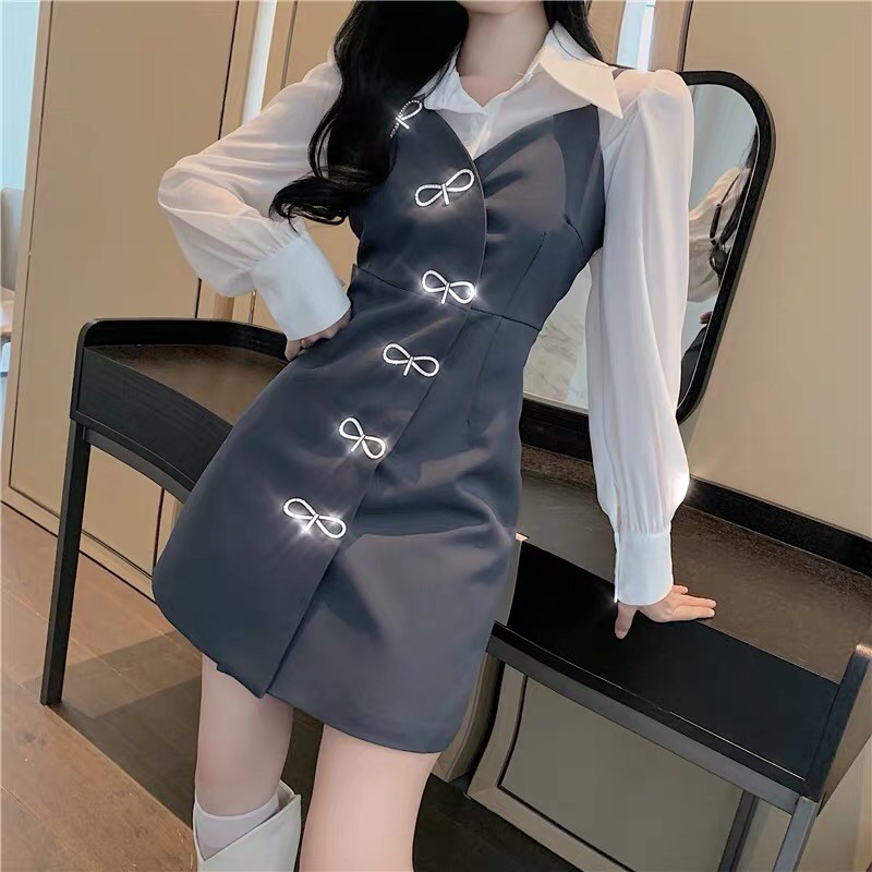 VÁY HAI DÂY ĐEN ĐÍNH NƠ PHỐI ÁO SƠ MI