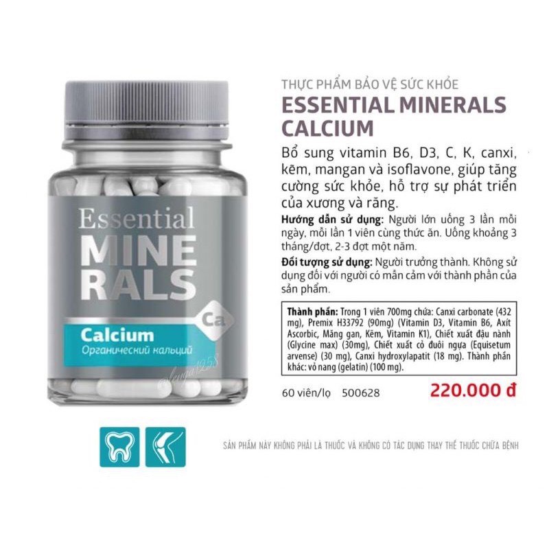 Viên uống bổ sung Canxi Essential Minerals Calcium hỗ trợ phục hồi xương khớp Siberian Wellness Siberi Nga 60v | Thế Giới Skin Care