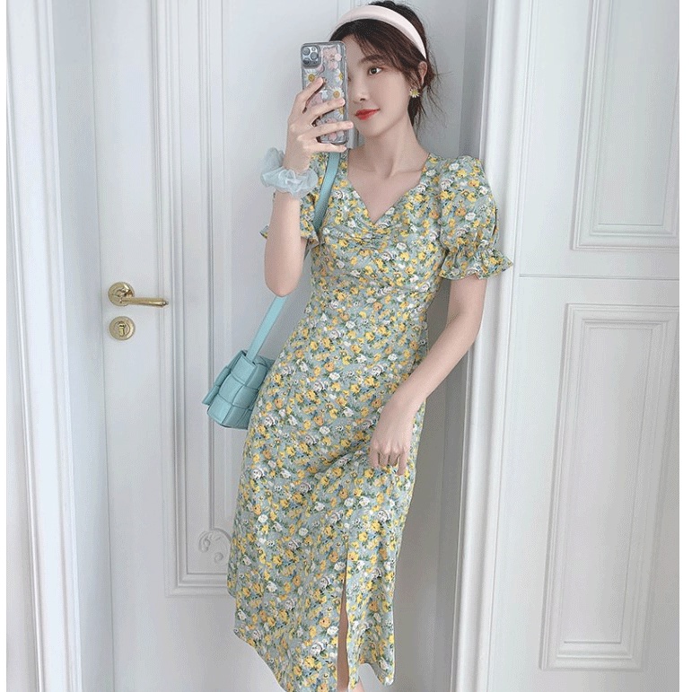 Đầm Nữ Dáng Dài Họa Tiết Hoa Cúc Nhỏ Phong Cách Pháp Thời Trang Mùa Hè Mới