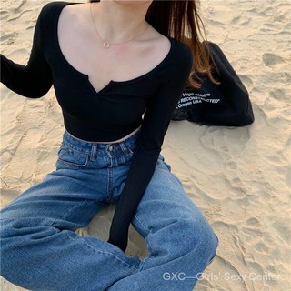 Áo croptop tay dài thun gân ôm body Cổ V A3