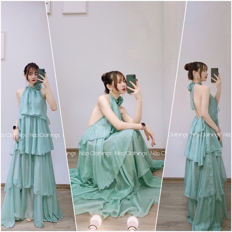 Váy maxi cổ yếm tầng kèm hoa