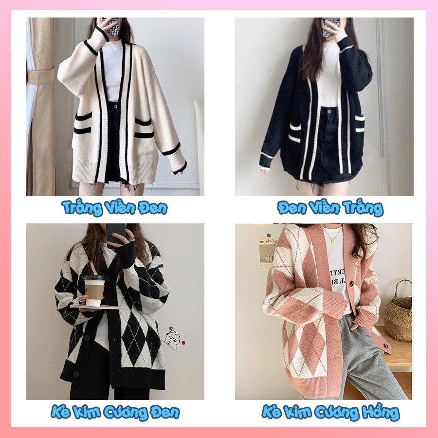 Áo cardigan len nữ dày sọc đen trắng có túi kẻ kim cương Ulzzang Hàn Quốc