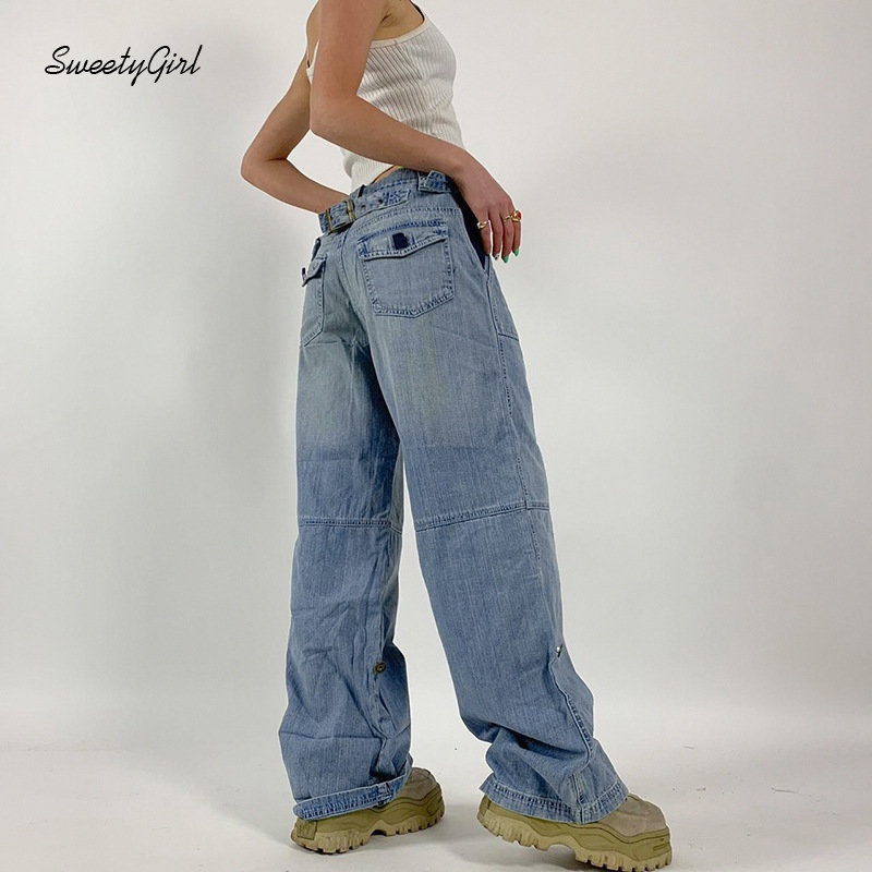 Quần Jean Dài Dáng Rộng Lưng Thấp Màu Trơn Phối Túi Thời Trang 2022 Cho Nữ