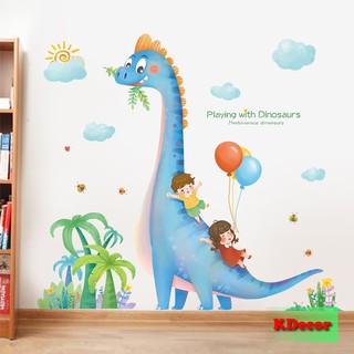Decal dán tường Bé cưỡi khủng long xanh