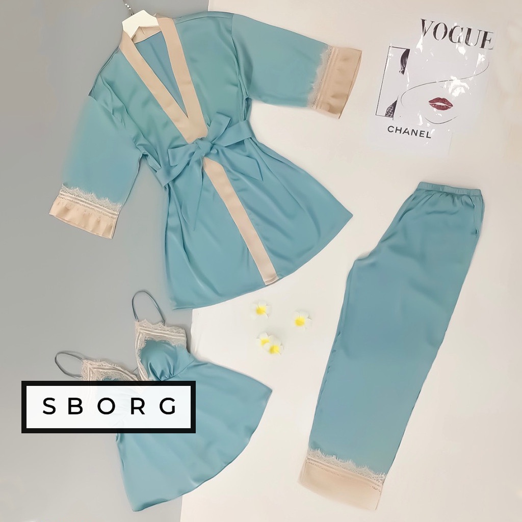 Set đồ ngủ SBORG bộ ngủ lụa latin áo 2 dây mút ngực dún chỉ quần dài viền ren phối áo khoác tay lửng sexy freesize 60kg