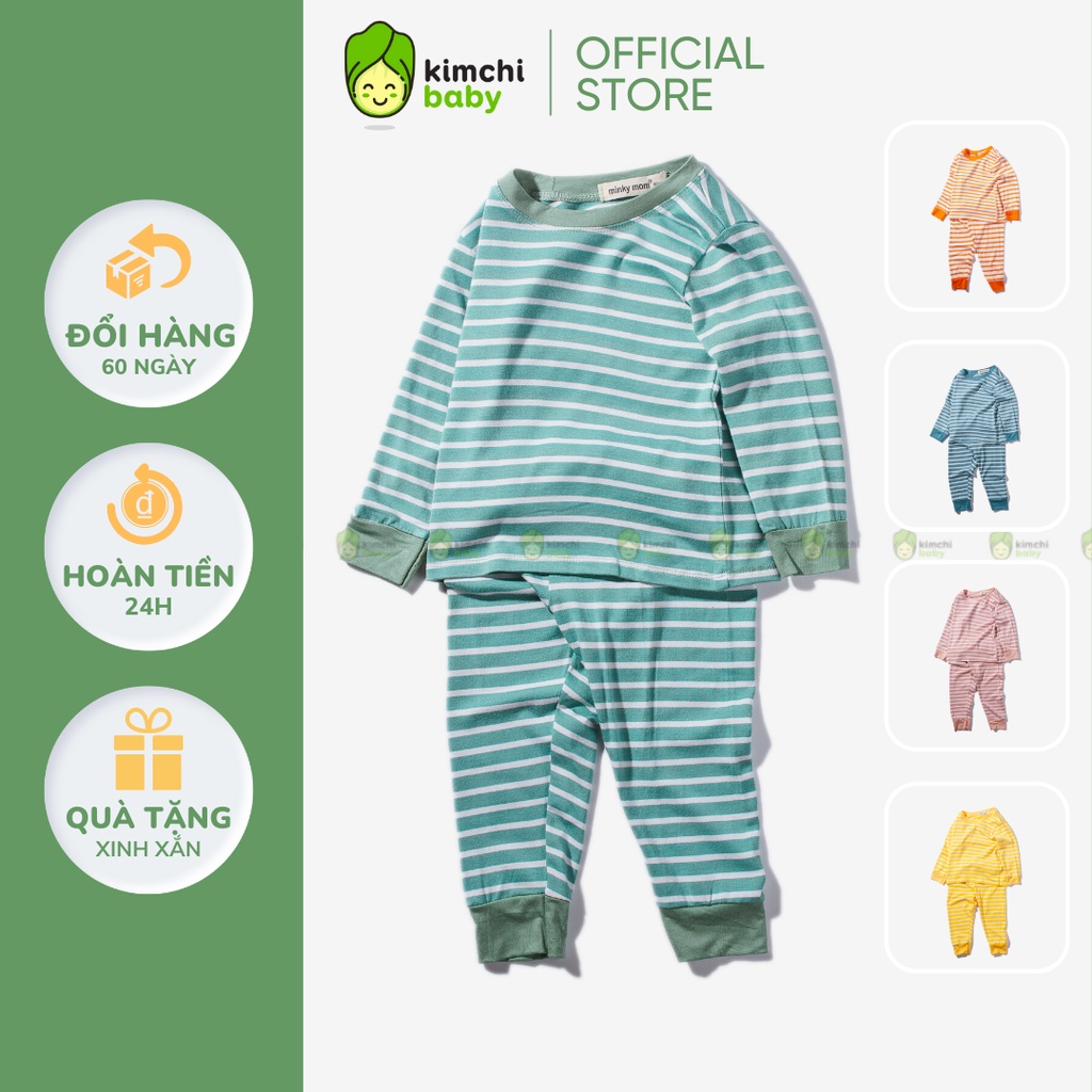 Bộ Dài Tay Cho Bé Trai, Bé Gái Vải Thun Lạnh Minky Mom Hoạ Tiết Kẻ Sọc Basic, Đồ Bộ Dài Tay Cho Bé Mặc Nhà MKMTD2210