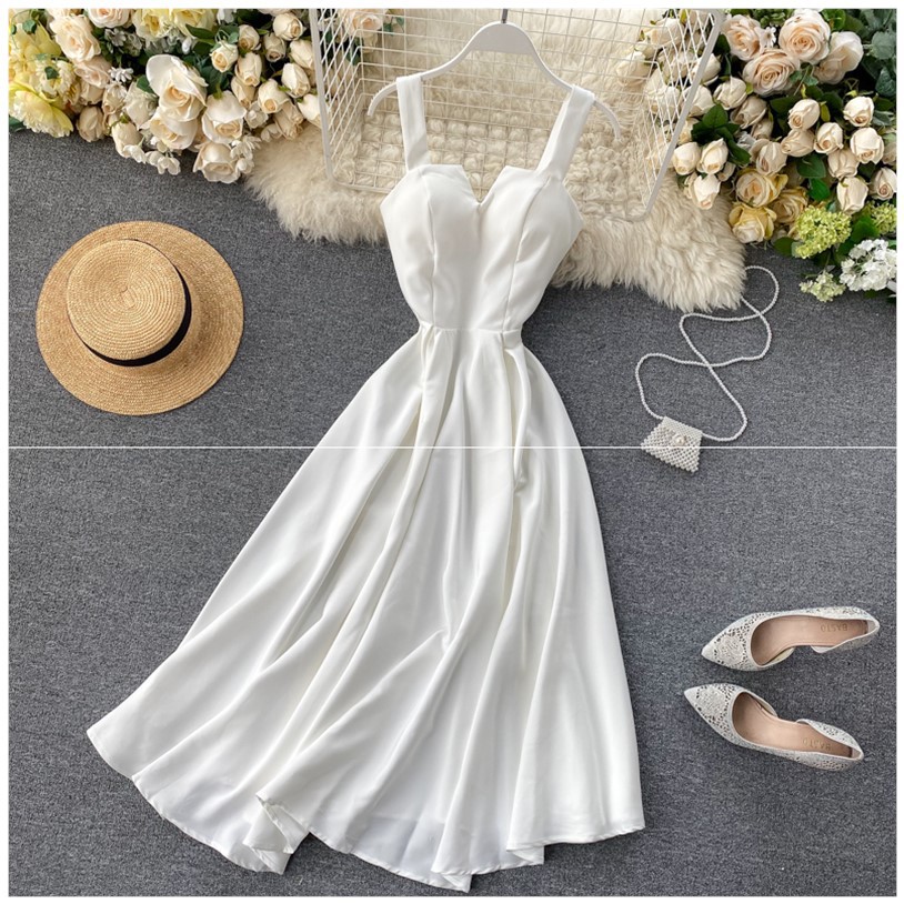 Đầm 2 Dây Xòe Dáng Dài Cổ V LSEOUL V1081 Chất Dày Dặn Ngọt Ngào Nữ Tính