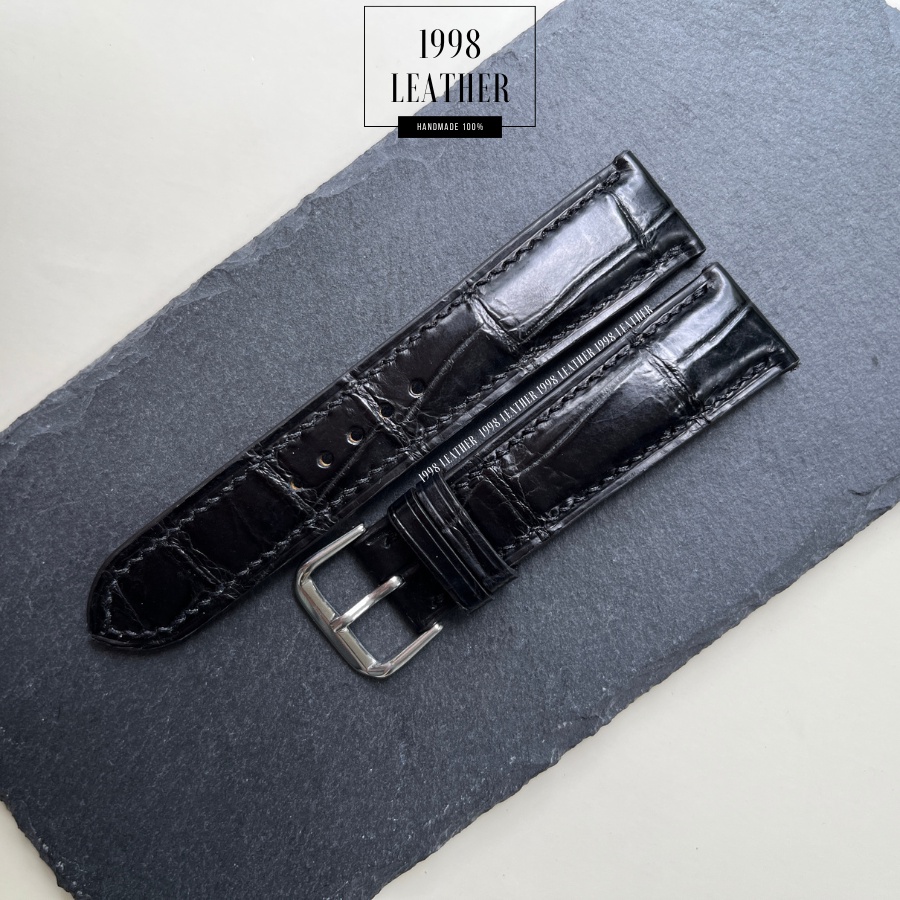 Dây Đồng Hồ Da Cá Sấu Thật Size 22mm, 20mm, Handmade Cao Cấp, Màu Đen, Chống Nước, Chính Hãng, Bảo Hành 6 Tháng