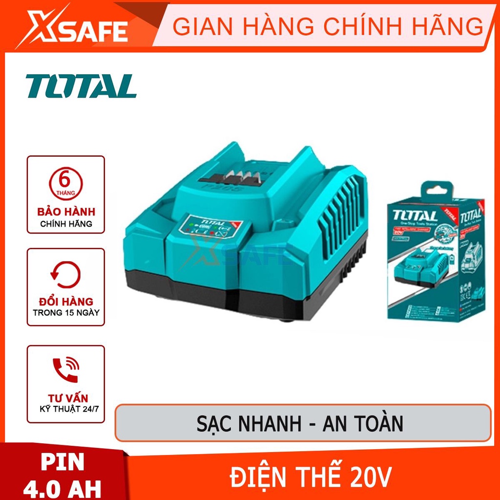 Đế sạc 20V TOTAL TFCLI20411, cục sạc nhanh pin 20V/4.0Ah trong 1 giờ, cạc pin 20V/2.0Ah trong 30 phút - CHÍNH HÃNG