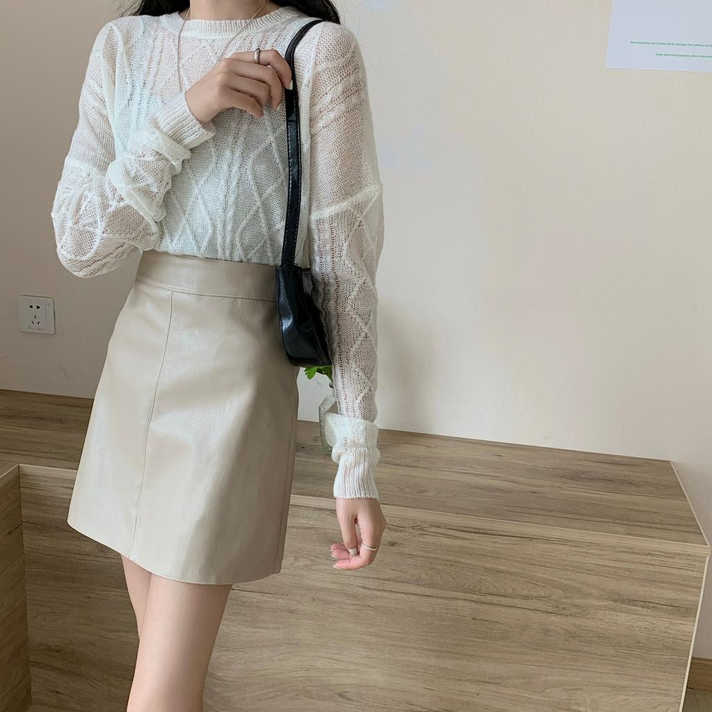 IELGY   Chân Váy Chữ A Lưng Cao Bằng Da Pu Thời Trang Mùa Thu Hàn Quốc Dễ Phối Đồ Cho Nữ